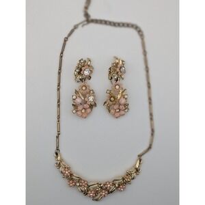 Vintage Coro Pink Floral Rhinestone Necklace and Clip-On Earrings Jewelry Set